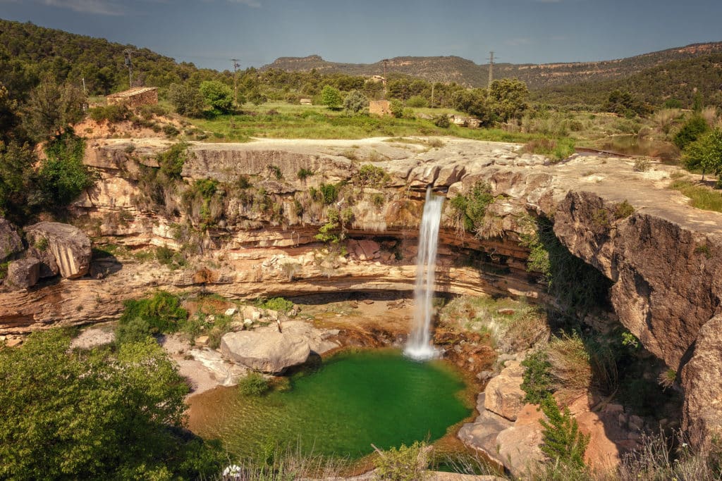 Landscape of the Portellada waterfall, from the Tastavins river, Matarrana region, Teruel province, Spain