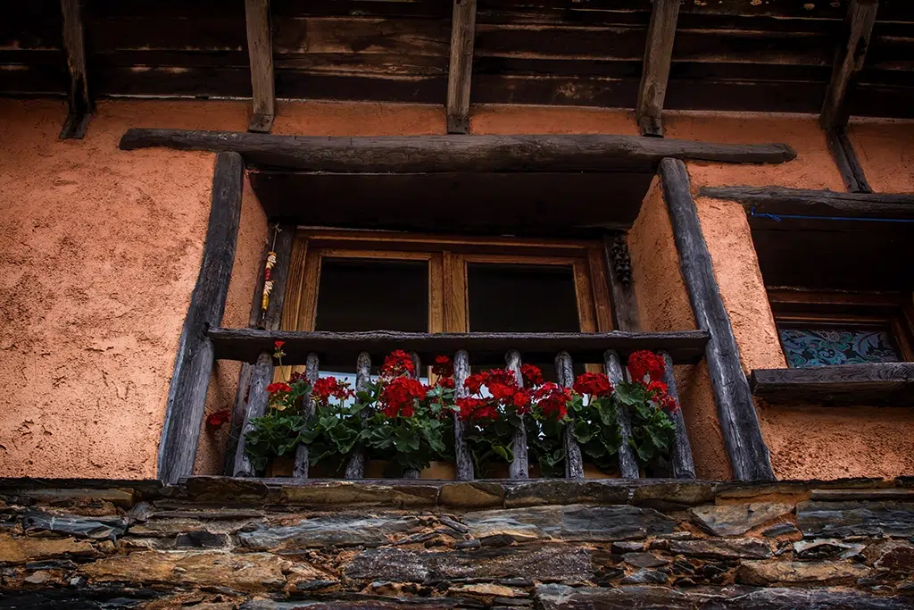 Las flores en los balcones dan colorido a Robledillo de Gata.