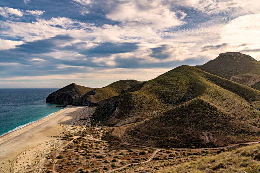 High angle view of famous beach Playa de los Muertos in Cabo de Gata natural park, on the Mediterranean coast of  Spain.