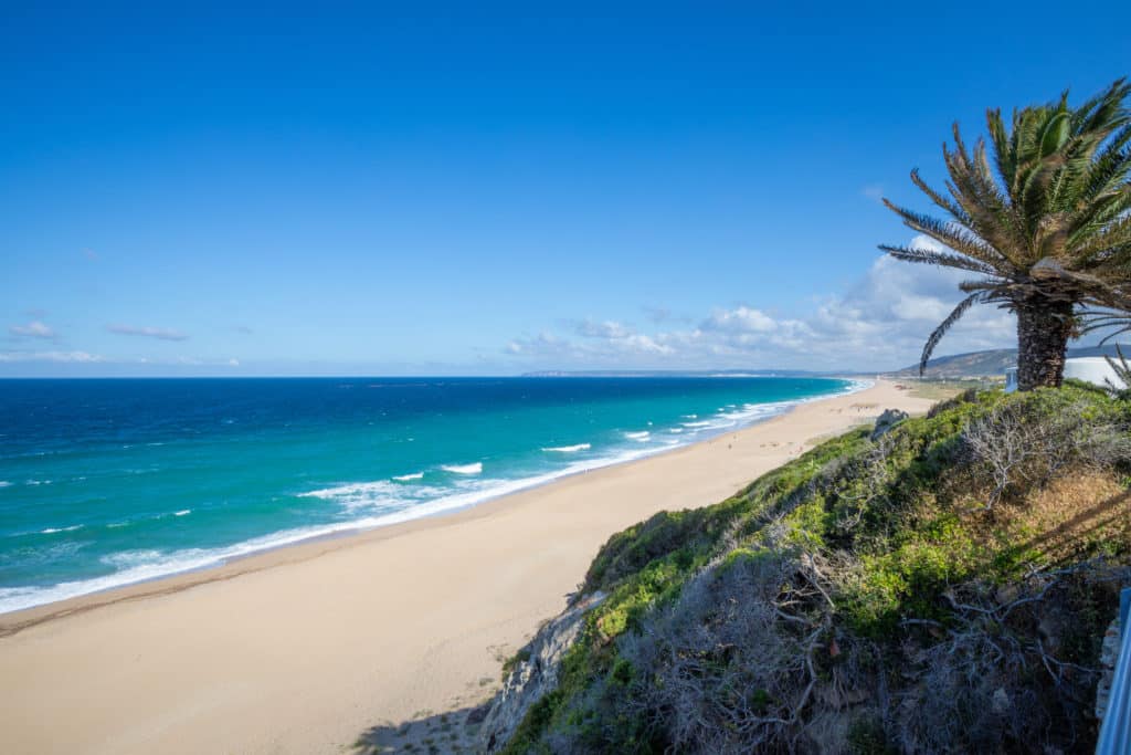 landscape of Atlanterra Beach, from mountain in Cape Plata, in Zahara de los Atunes village (Cadiz, Andalusia, Spain)