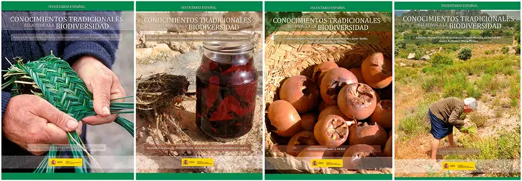 Portadas de los cuatro tomos del 'Inventario Español de los Conocimientos Tradicionales Relativos a la Biodiversidad'.