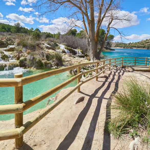 Landscape of the wooden viewpoint of the Laguna Salvadora Lake in the Lagunas de Ruidera Lakes Natural Park, Albacete province, Castilla la Mancha, Spain